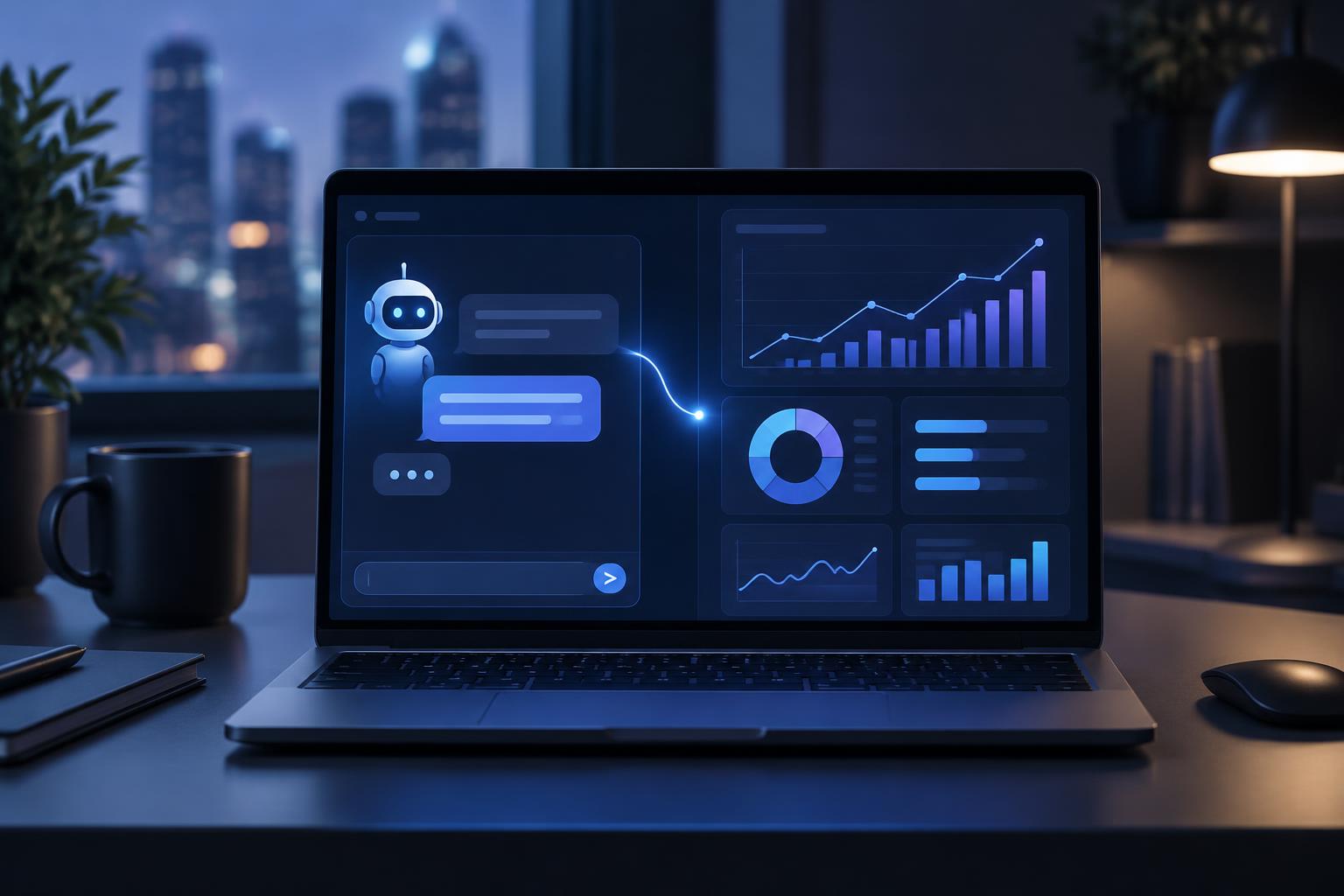 KI-Assistent im Chat neben einem KPI-Dashboard, verbunden durch eine Datenlinie