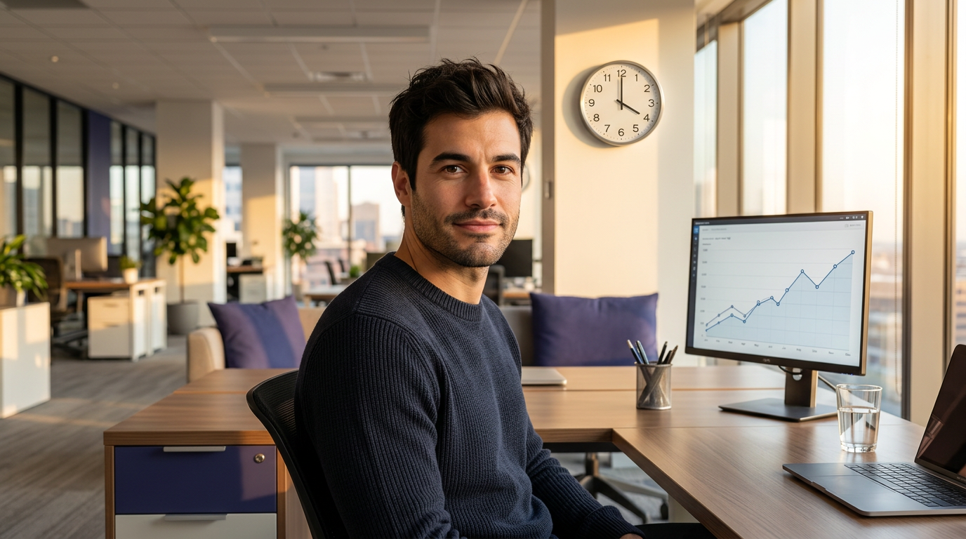 Aron, der Optimierungsagent von AI AdBase, sitzt am Nachmittag am Schreibtisch neben einem Bildschirm mit steigender Kurve, die Uhr zeigt 16 Uhr