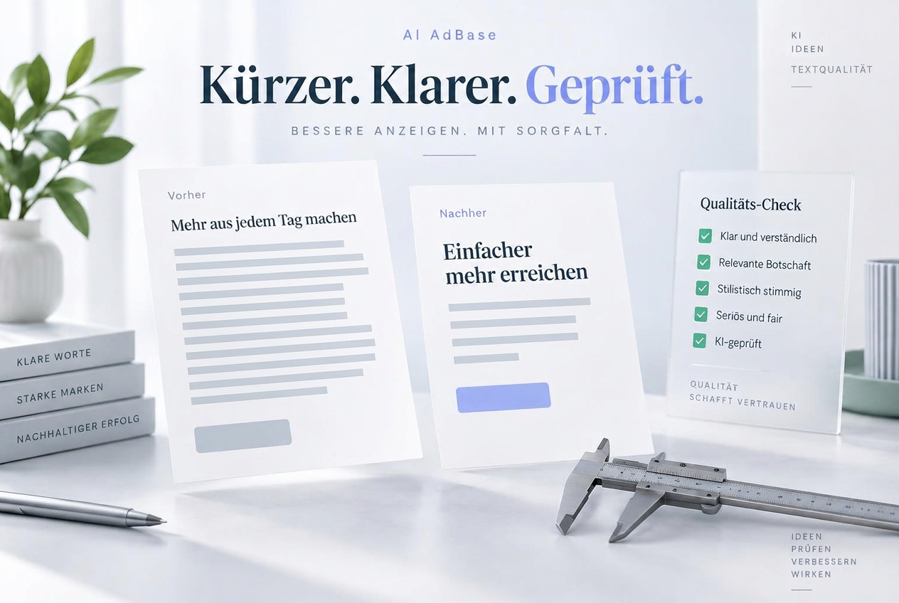 Symbolischer Vorher-nachher-Vergleich mit kürzeren Anzeigen und einer Checkliste zur KI-gestützten Textprüfung