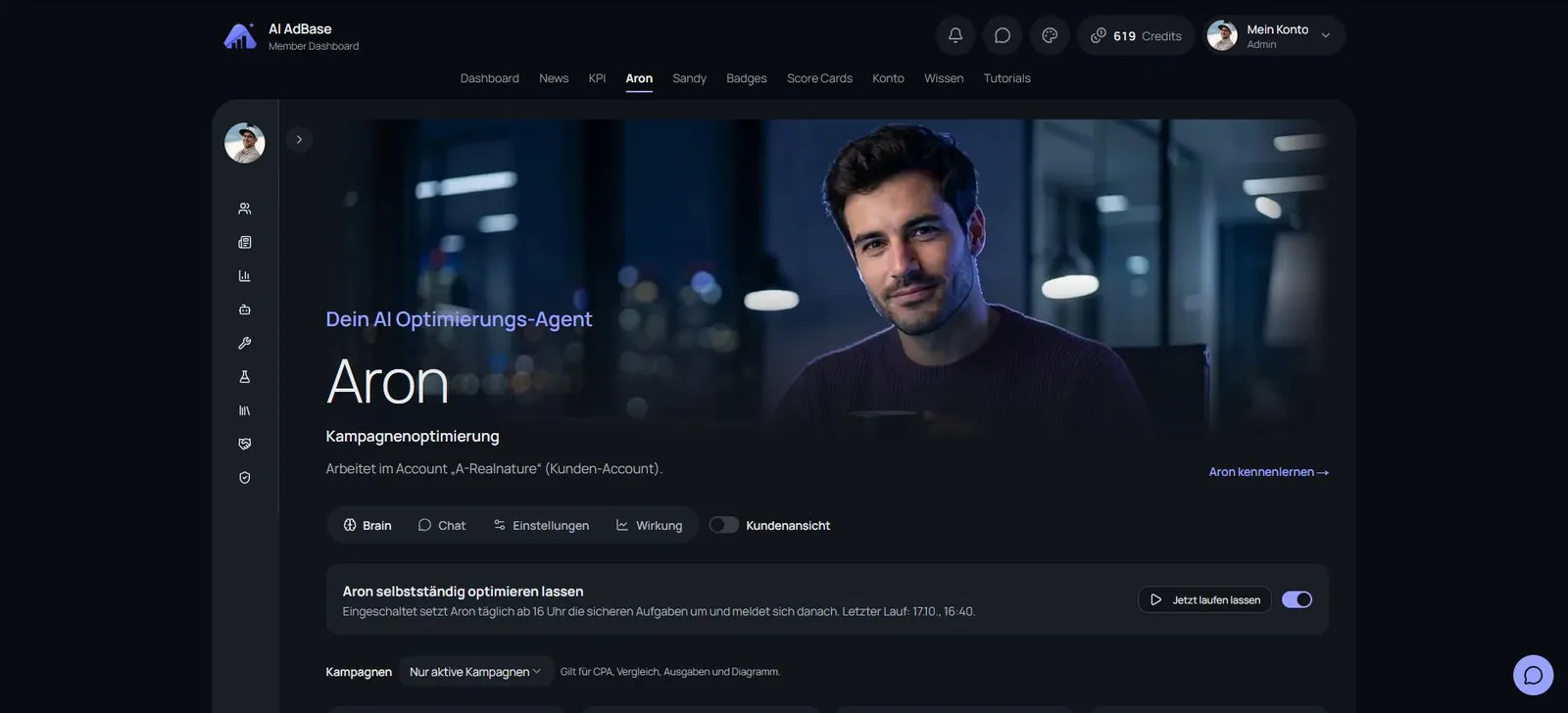 Aron – Kampagnenoptimierung im neuen Design, dunkler Modus