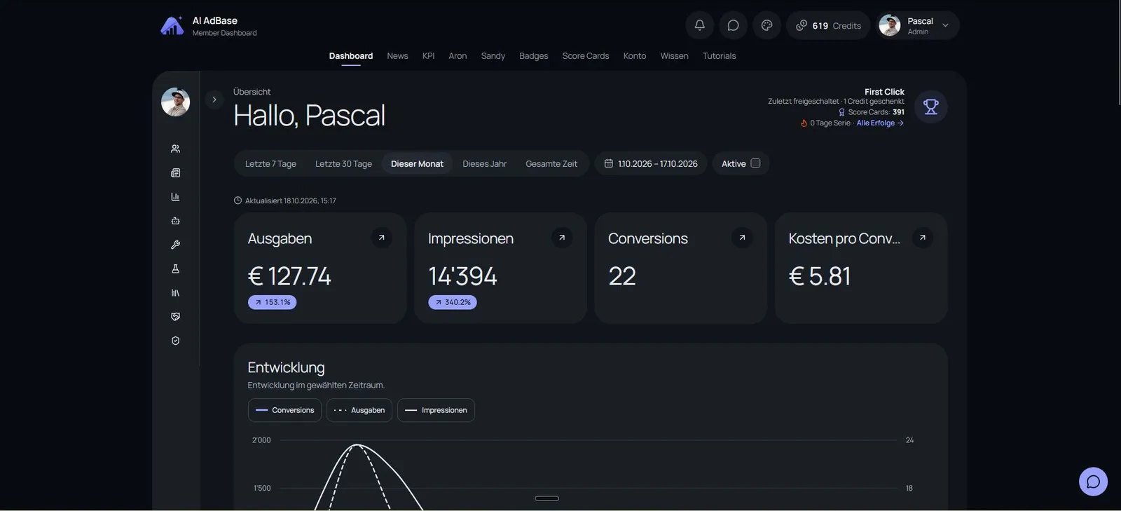Dashboard im neuen Design, dunkler Modus
