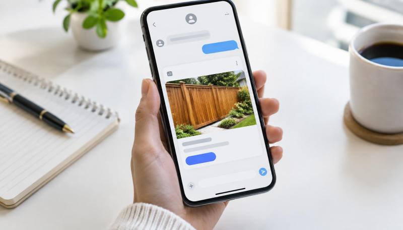 Hand hält ein Smartphone mit Chatverlauf und einer Anzeige für einen Holzzaun unter der Antwort