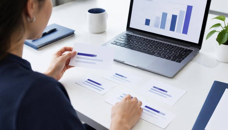 Person vergleicht ausgedruckte Anzeigentexte am Schreibtisch neben einem Laptop mit Balkendiagramm