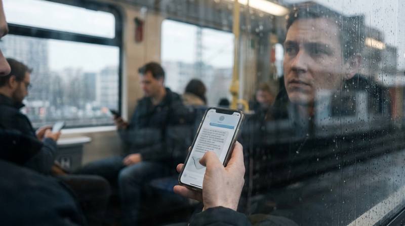 Schematische Darstellung eines KI-Chatbot-Dialogs mit eingebetteter Werbebotschaft und Vertrauensindikatoren
