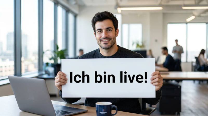 Aron sitzt am Schreibtisch mit Notebook und Kaffeetasse und hält ein Schild mit der Aufschrift „Ich bin live!“ hoch
