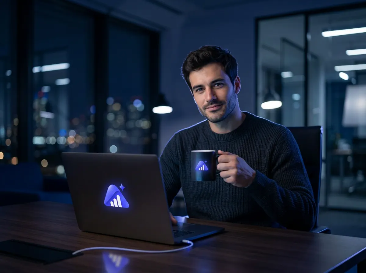 Aron, der KI-Optimierungsagent von AI AdBase, sitzt entspannt am Schreibtisch mit Kaffeetasse und Notebook mit leuchtendem AI-AdBase-Logo