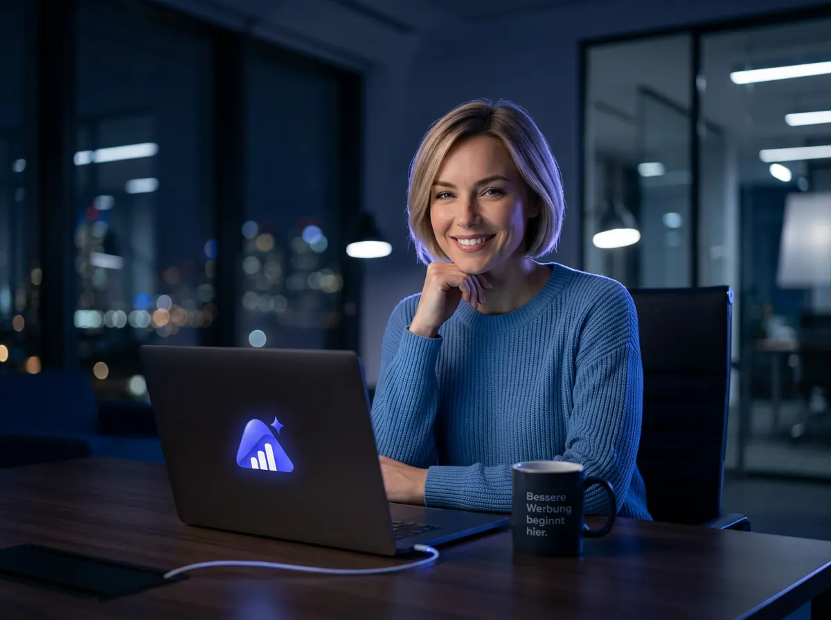 Sandy, die KI-Agentin von AI AdBase, sitzt am Schreibtisch mit einem Notebook mit leuchtendem AI-AdBase-Logo