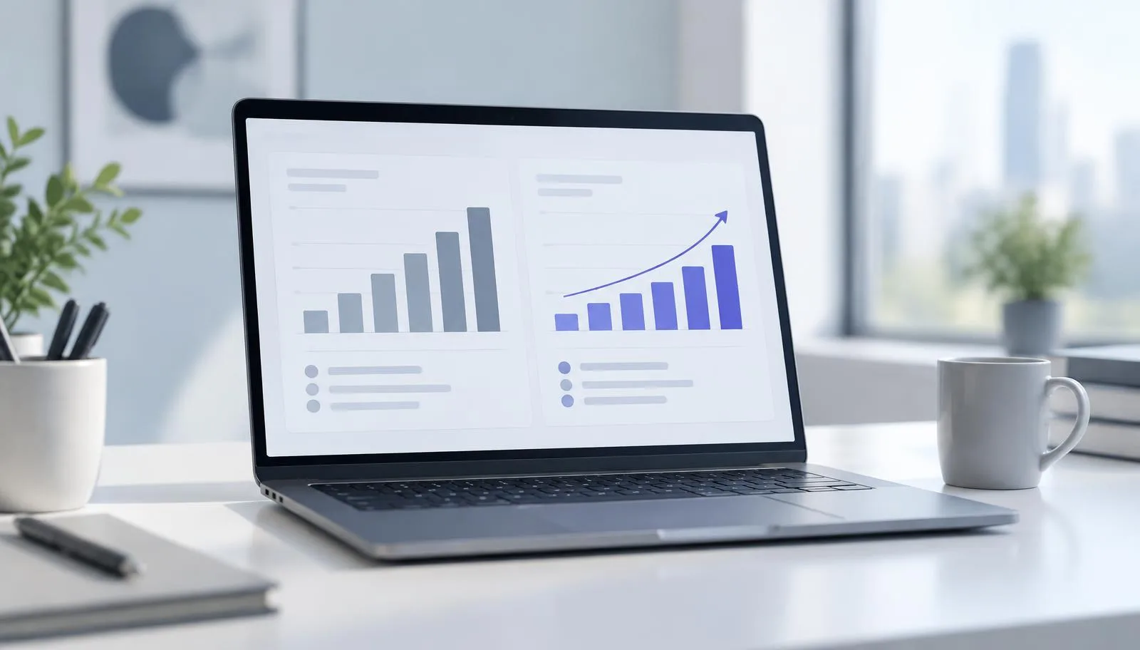 Laptop mit zwei Balkendiagrammen: Marktwerte im Vergleich zu AI-AdBase-Kunden bei ChatGPT Ads