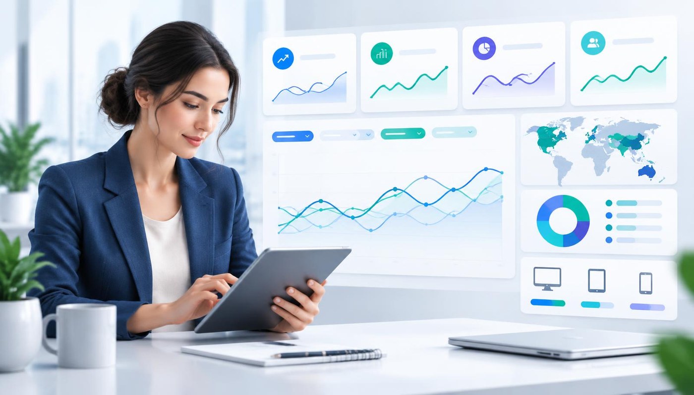 Eine Marketingverantwortliche prüft im hellen KPI Board Verläufe, Länder und Geräte