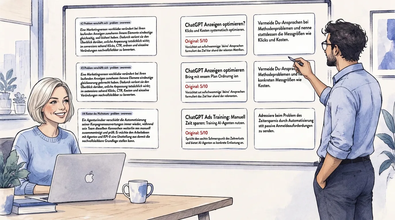 Gezeichnete Szene: Pascal zeigt am Board die Anzeigentext-Auswertung mit Context Hints, Anzeigen, Bewertungen und Empfehlungen, Sandy sitzt am Laptop.
