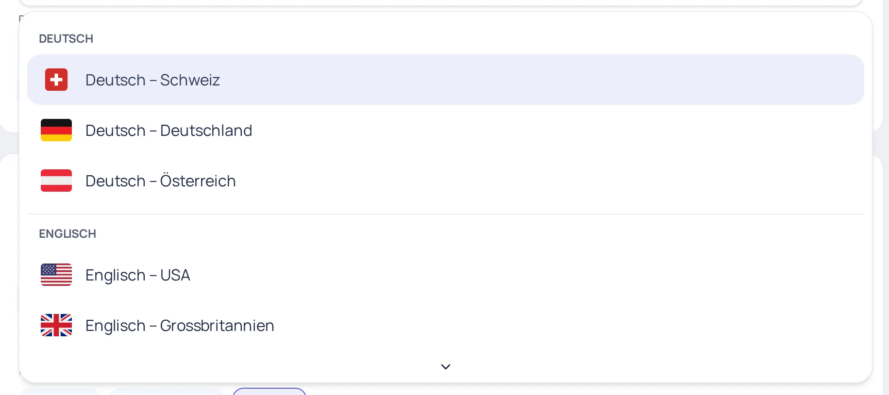 Aufgeklappte Kampagnensprache in Sandy mit Flaggen: Deutsch Schweiz, Deutschland und Österreich sowie Englisch USA und Grossbritannien.