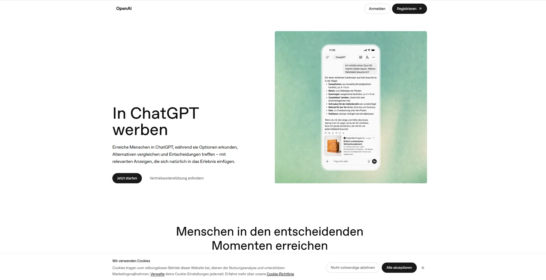 Deutsche OpenAI Ads Startseite mit Hero In ChatGPT werben und Button Jetzt starten.