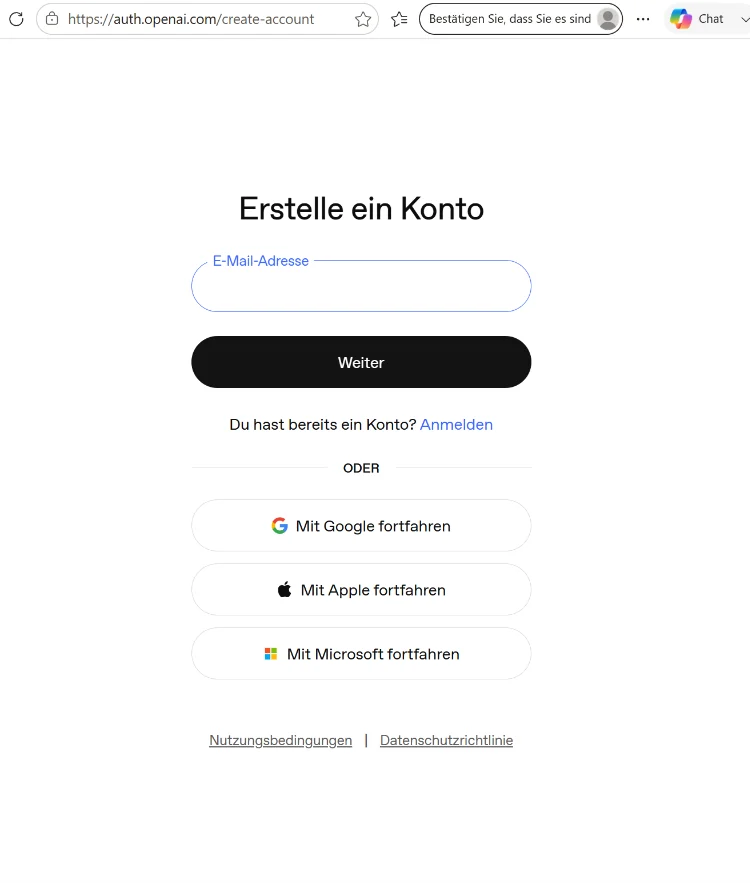 OpenAI Authentifizierungsseite Erstelle ein Konto mit E-Mail-Feld und Login-Optionen.