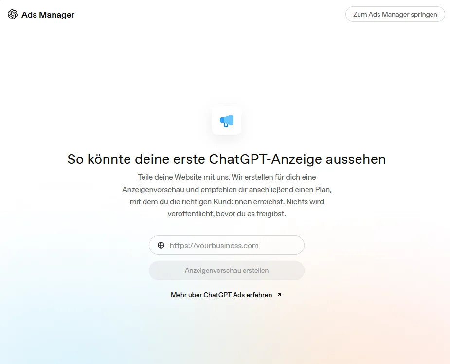 Ads Manager Einstiegsseite mit leerem Website-Feld und deaktiviertem Button Anzeigenvorschau erstellen.
