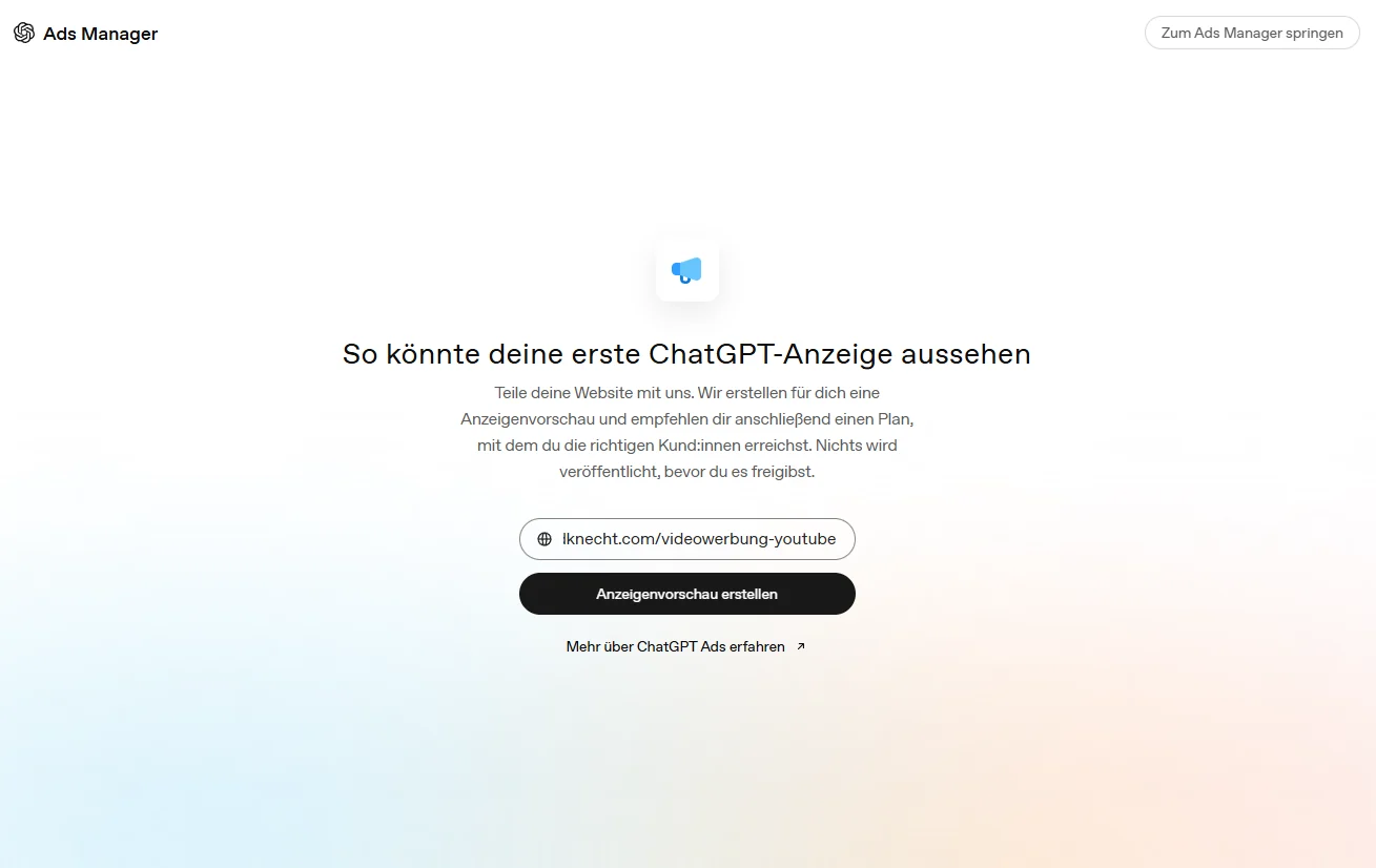 Ads Manager Einstiegsseite mit eingetragener URL lknecht.com/videowerbung-youtube und aktivem Button Anzeigenvorschau erstellen.