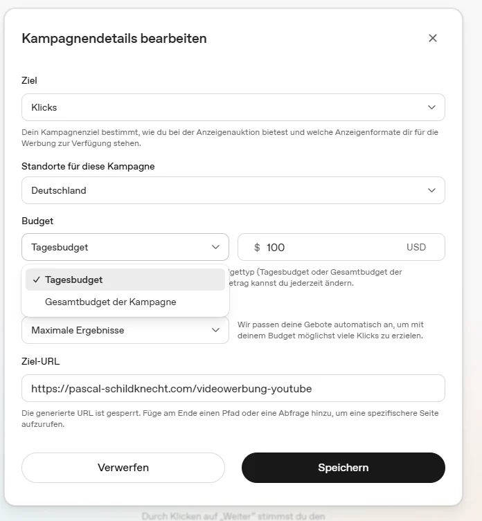 Dropdown Budget mit Optionen Tagesbudget und Gesamtbudget der Kampagne.