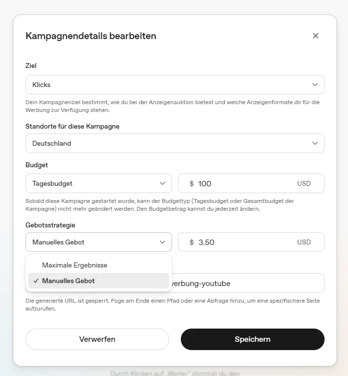 Dropdown Gebotsstrategie mit Optionen Maximale Ergebnisse und Manuelles Gebot sowie manuellem Gebot von 3.50 USD.