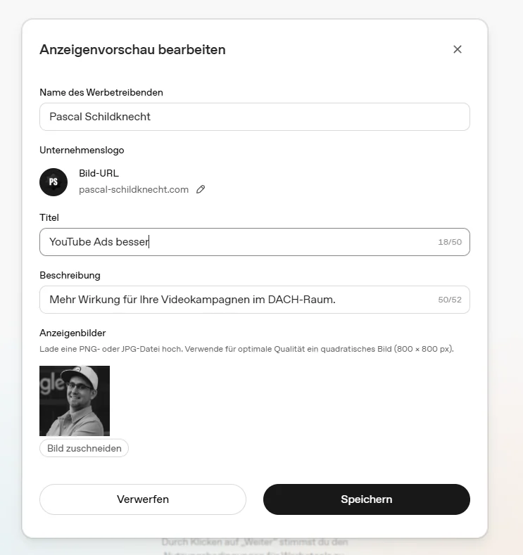 Modal Anzeigenvorschau bearbeiten mit Titel YouTube Ads besser und Beschreibung Mehr Wirkung für Ihre Videokampagnen im DACH-Raum.