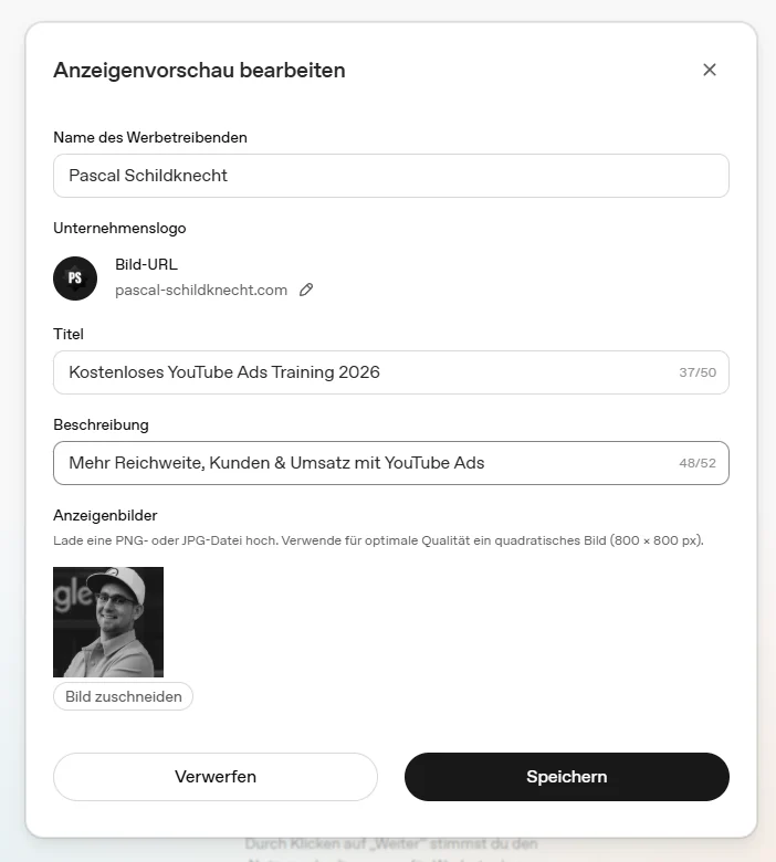 Modal Anzeigenvorschau bearbeiten mit Titel Kostenloses YouTube Ads Training 2026 und Beschreibung Mehr Reichweite, Kunden und Umsatz mit YouTube Ads.