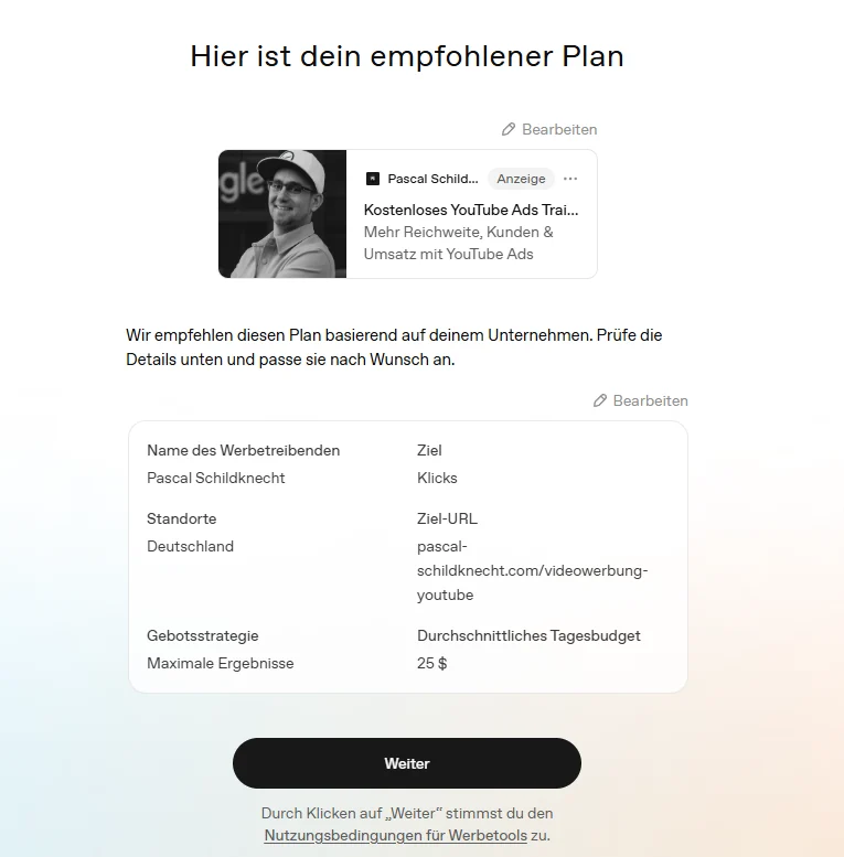 Empfohlener Plan nach Copy Optimierung mit Deutschland, 25 Dollar Tagesbudget und aktualisierter Anzeigenvorschau.