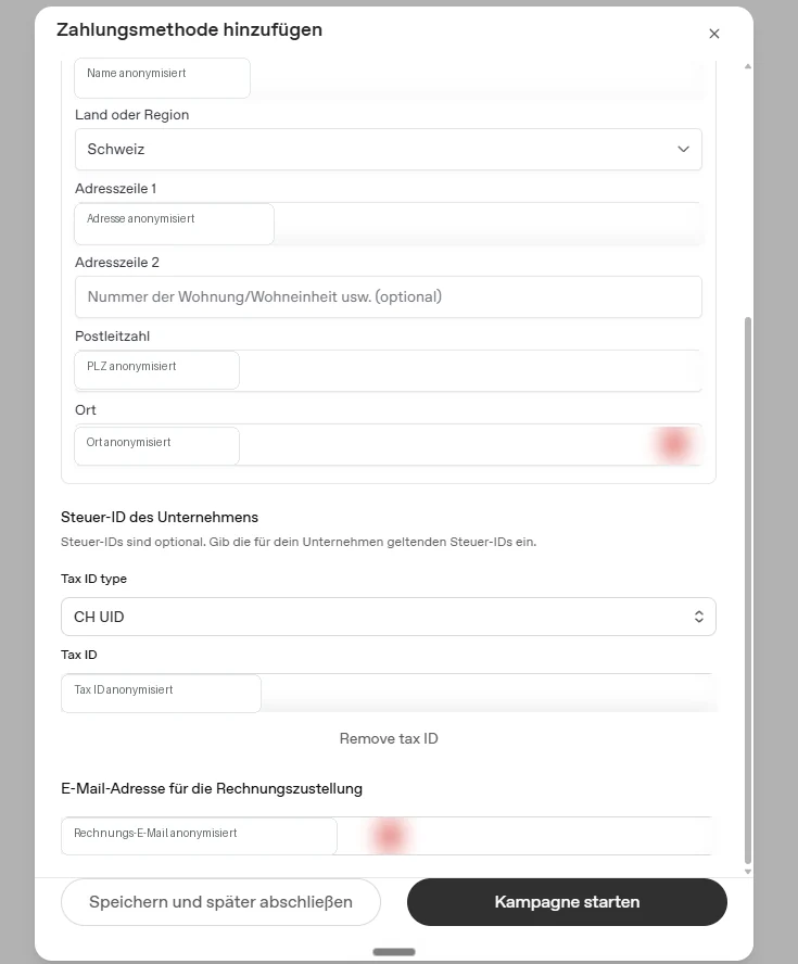Dialog Zahlungsmethode hinzufügen mit eingegebenen Rechnungsdaten, Steuer-ID Bereich und aktivem Button Kampagne starten.