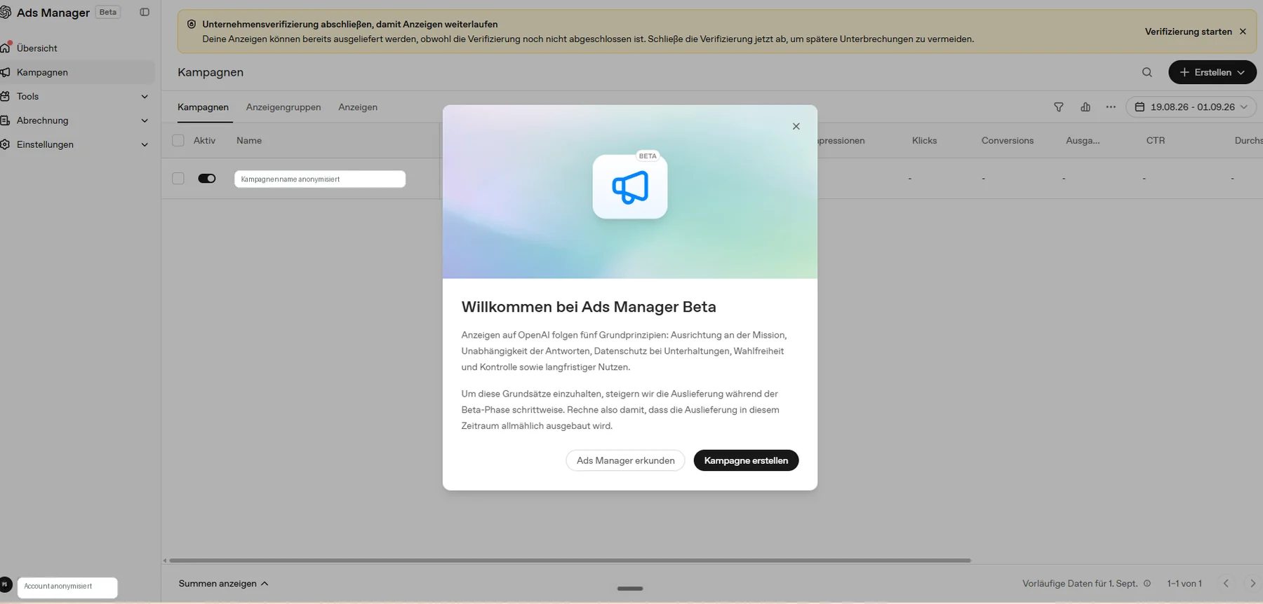 Ads Manager Beta Kampagnenübersicht mit Willkommensmodal und Banner Unternehmensverifizierung abschließen.