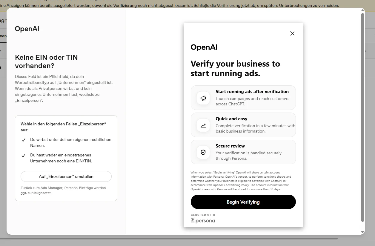Persona Business Verification mit Hinweis Keine EIN oder TIN vorhanden und Button Begin Verifying.