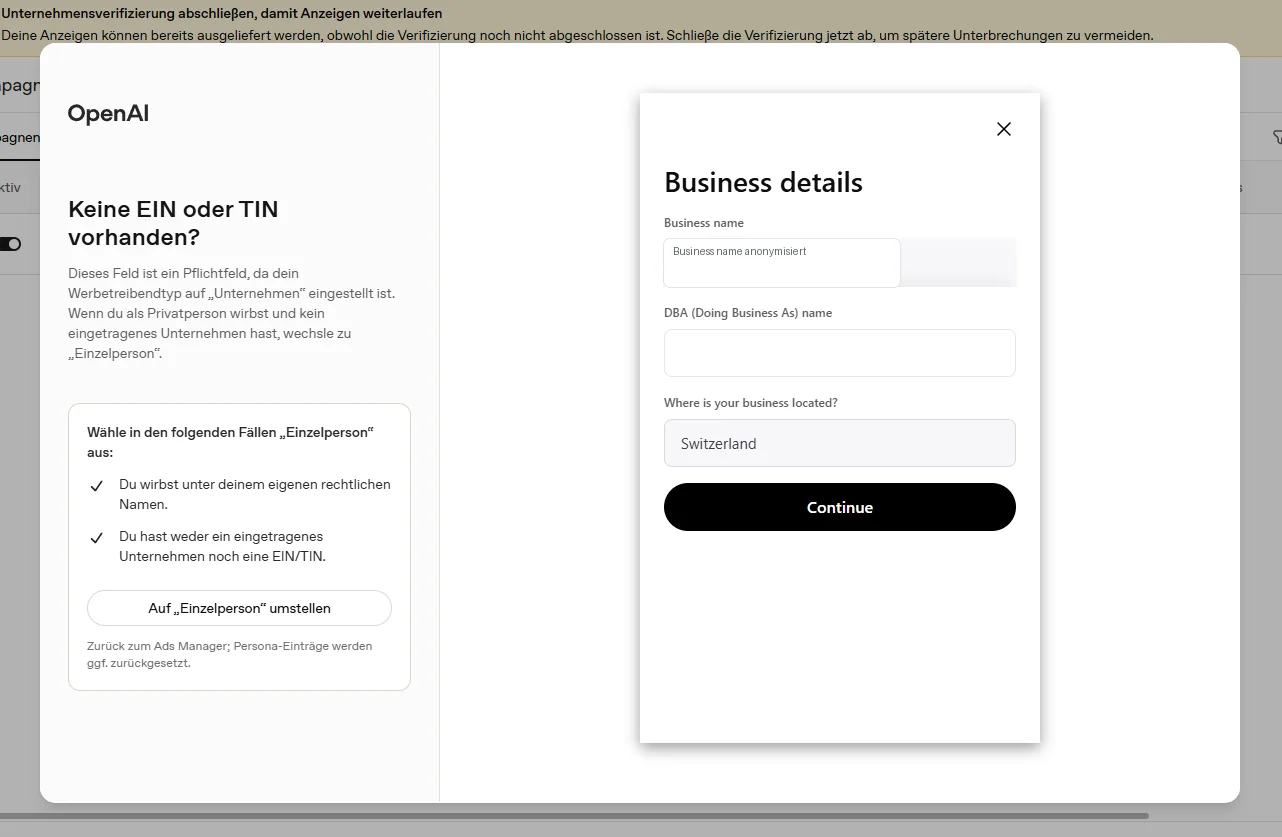 Persona Business Details Formular mit Business name, DBA name, Land und Continue Button.