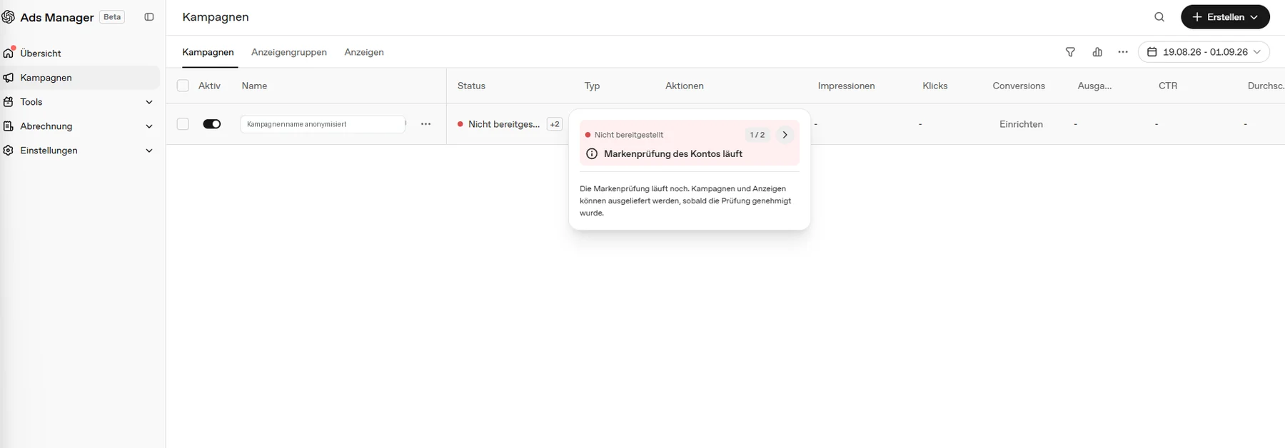 Ads Manager Kampagnenübersicht mit Status Nicht bereitgestellt und eingeblendeter Prüfungskarte.