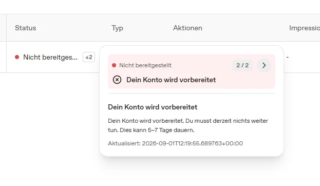 Statuskarte Dein Konto wird vorbereitet mit Hinweis Dies kann 5-7 Tage dauern.