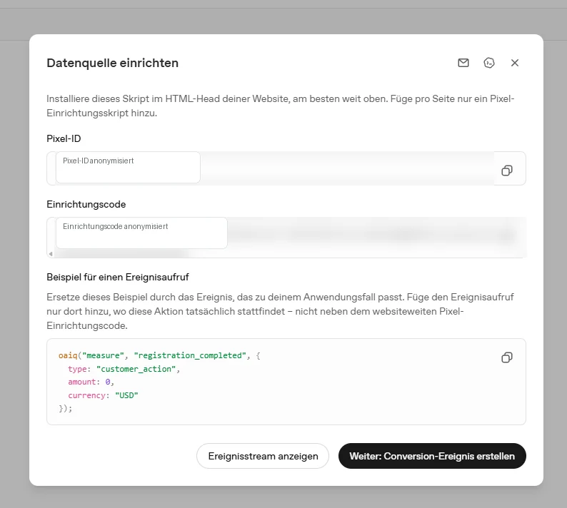 Modal Datenquelle einrichten mit Pixel-ID, Einrichtungscode und Beispiel fuer einen Ereignisaufruf.