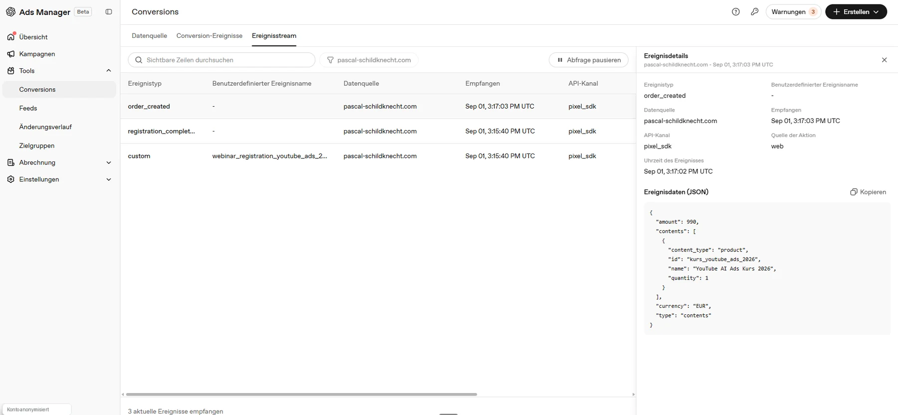 Ads Manager Ereignisstream mit empfangenen Events order_created, registration_completed und custom.