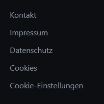 Footer Links Kontakt, Impressum, Datenschutz, Cookies und Cookie-Einstellungen.