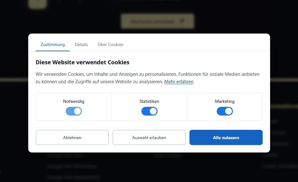 Cookie-Banner mit Zustimmung, Details, Ueber Cookies und Marketing-Schalter.