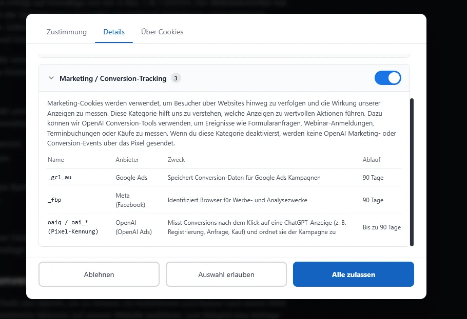 Cookie Details mit Kategorie Marketing Conversion Tracking und OpenAI Ads Eintrag.