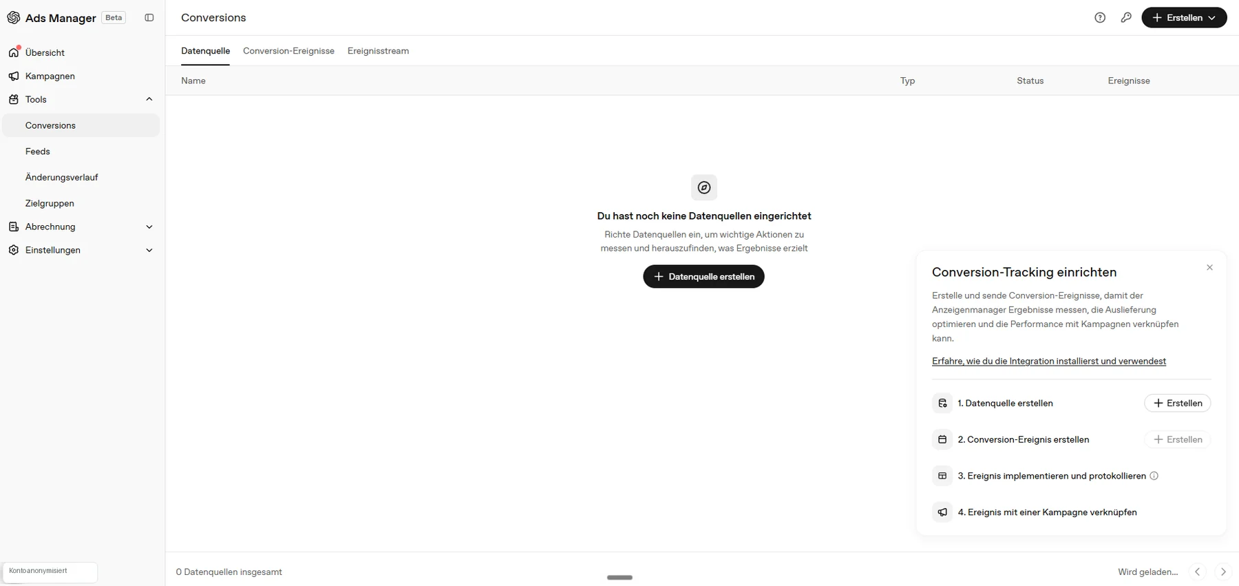 Ads Manager Conversions mit Conversion Tracking Setup Panel.